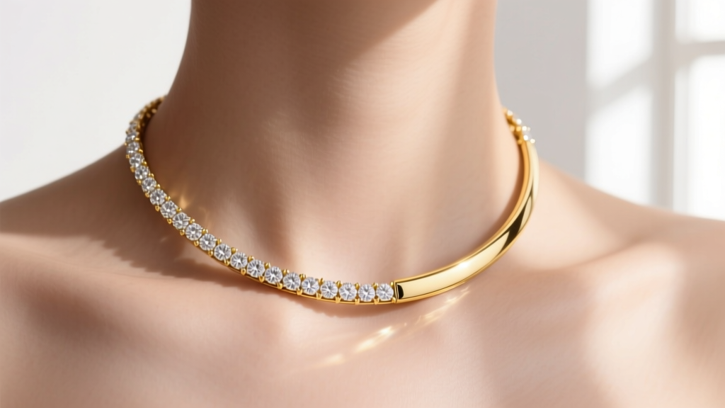 14k yellow gold diamond curved bar necklace resting on a collarbone, soft lighting highlighting sparkling melee diamond details