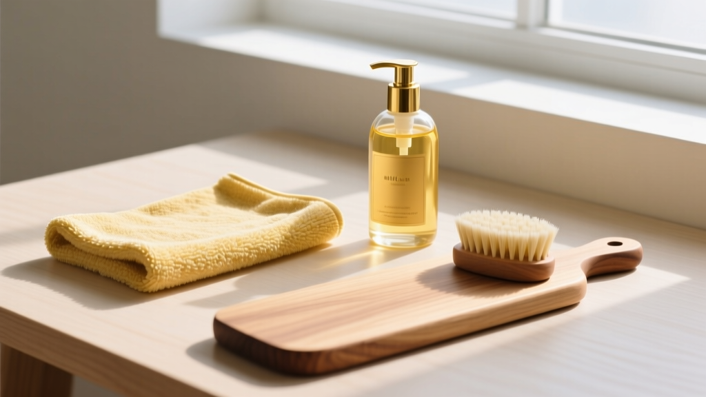 Flat lay of gold cleaning supplies including a microfiber cloth, mild soap, a soft bristle brush, and a wooden polishing board