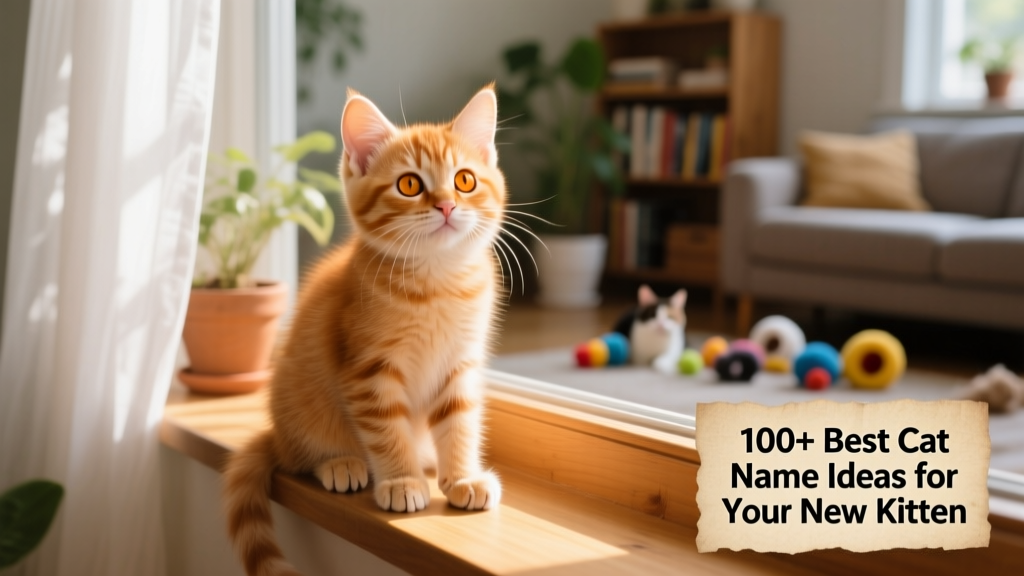 A playful ginger kitten sitting on a sunlit windowsill, looking curious and alert
