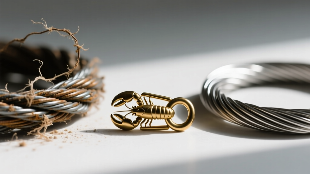 Macro shot of a frayed 7-strand beading wire next to a pristine 49-strand steel wire with a solid brass lobster clasp.