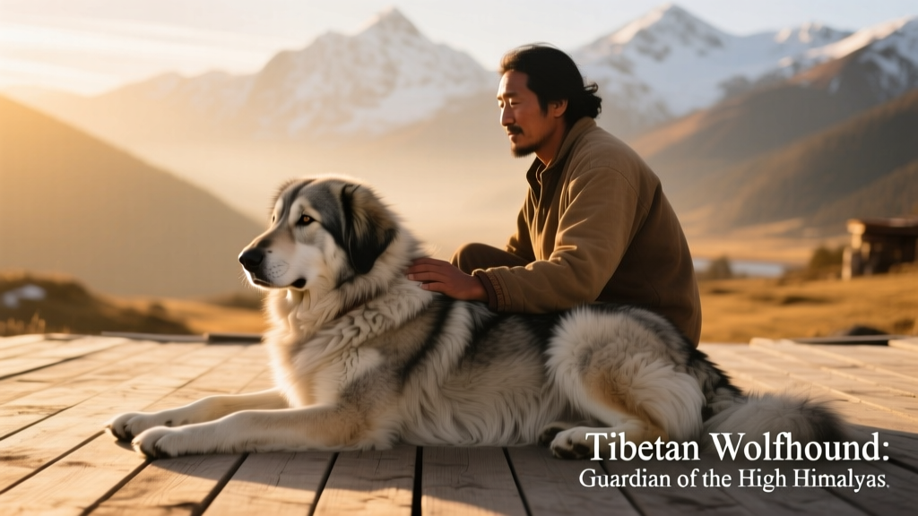 A serene Tibetan Wolfhound resting peacefully beside its owner on a wide wooden deck at sunset, emphasizing its calm presence and strong bond