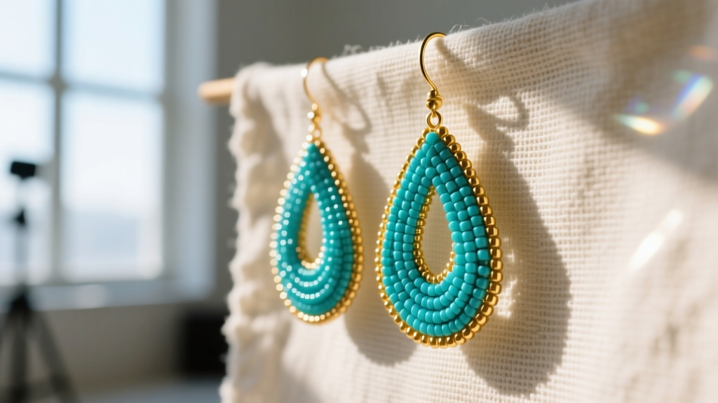 Close-up of vibrant turquoise and gold seed beaded teardrop earrings hanging from textured linen in bright natural sunlight.