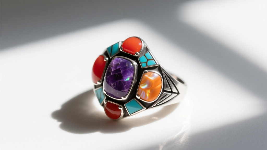 Overhead view of a Zuni multi-stone inlay ring displaying vibrant red coral, purple sugilite, and orange spiny oyster shell