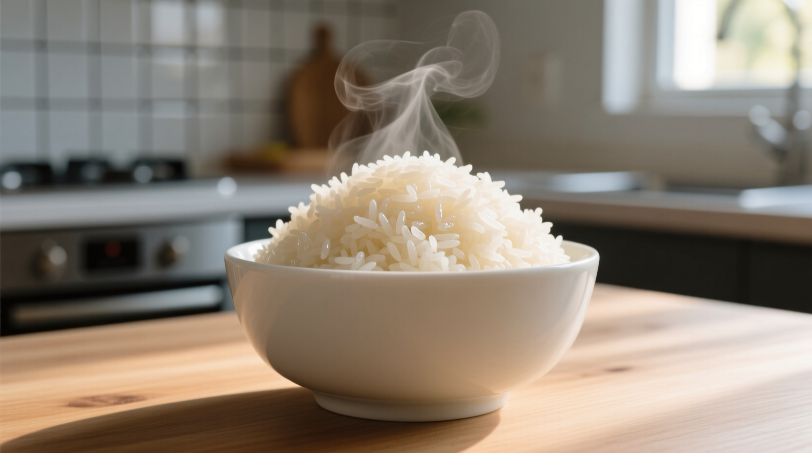 Perfectly cooked fluffy parboiled rice in white bowl