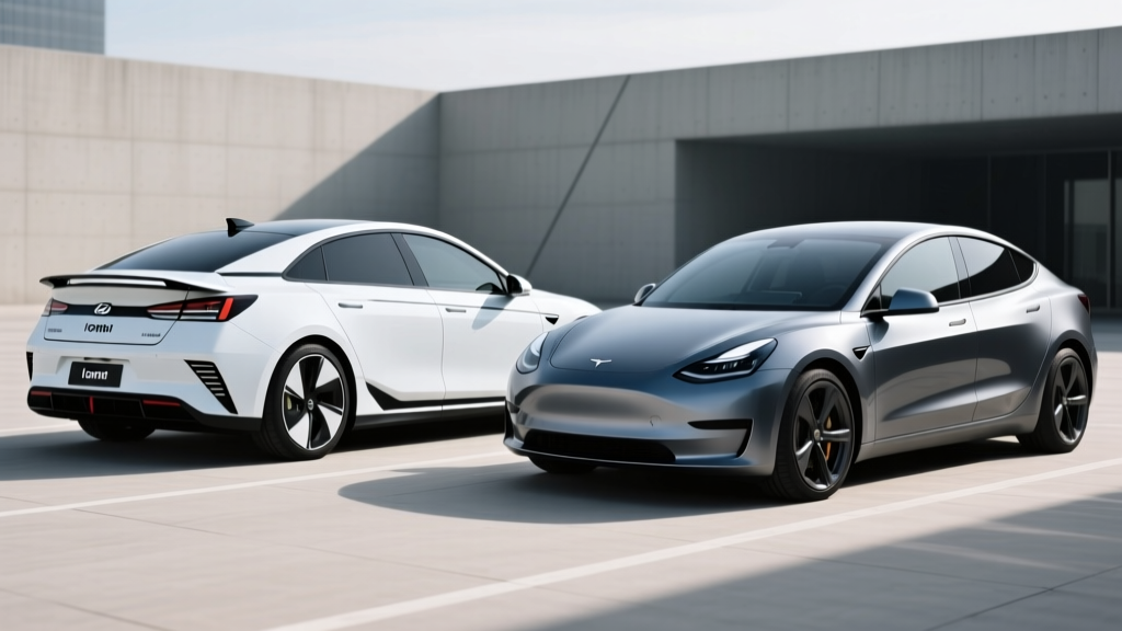 Side-by-side profile comparison of the Hyundai Ioniq 6 and Tesla Model 3 highlighting their aerodynamic rooflines and wheel designs