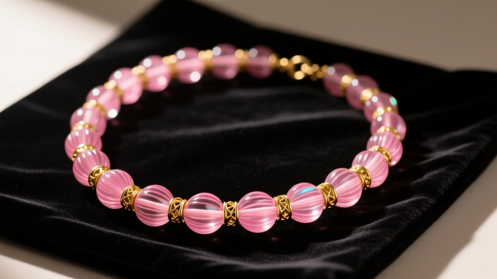 Vintage Murano pink glass bead necklace with gold spacers resting on dark velvet appraisal cloth under warm directional lighting