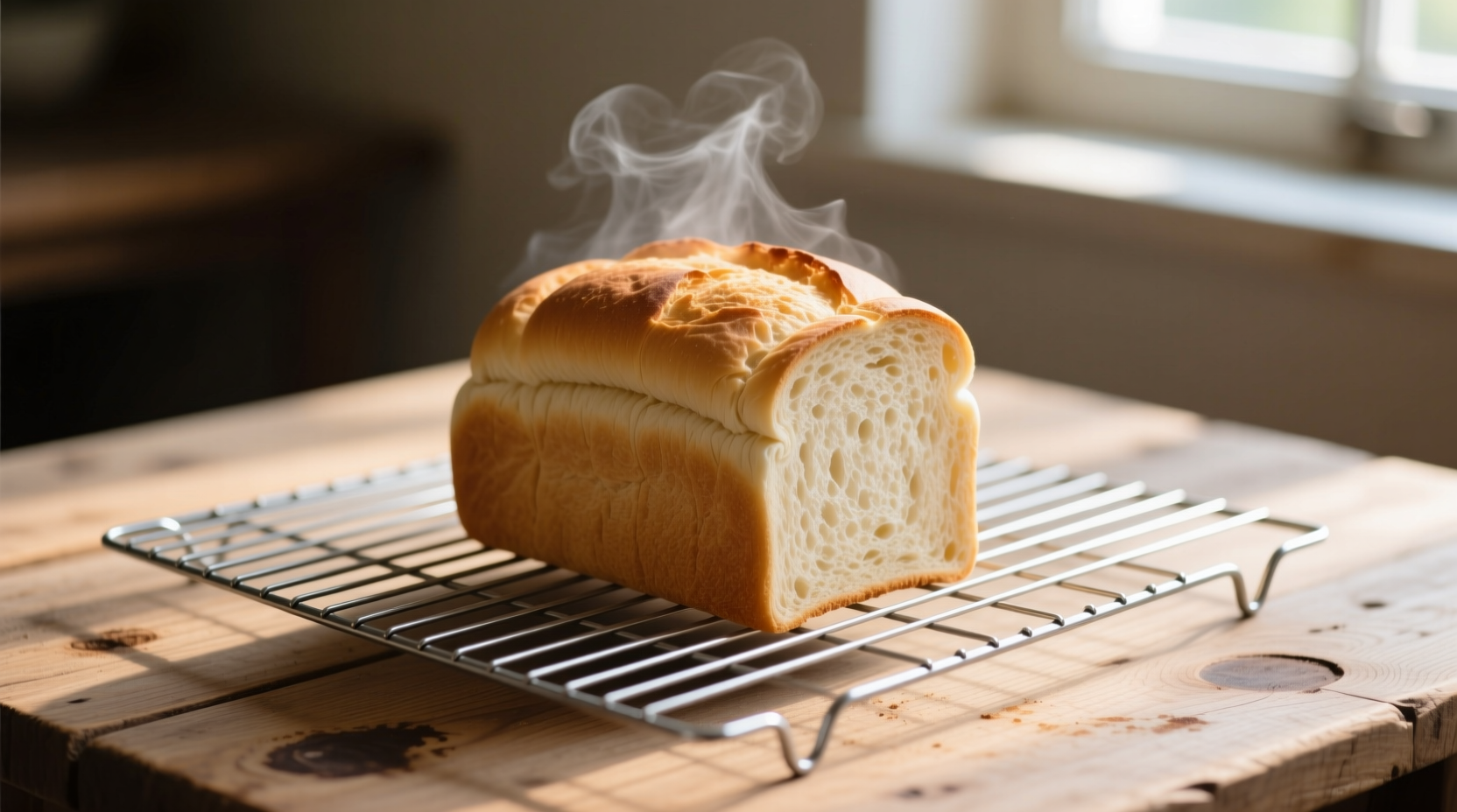 Homemade white bread cooling on wire rack