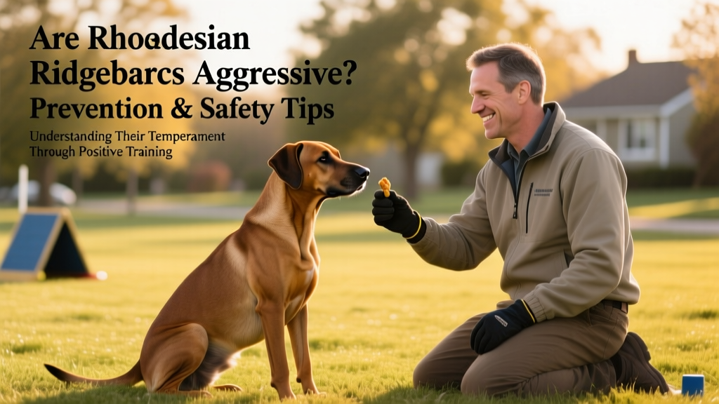 A Rhodesian Ridgeback calmly sitting beside a trainer during a positive-reinforcement obedience session