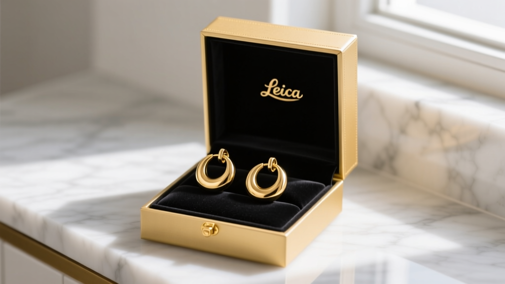 Elegant gift box open on a marble vanity revealing 25mm 14k yellow gold medium sized hoop earrings resting on black velvet.