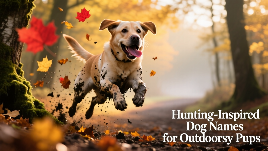 A joyful, muddy dog leaping through autumn woods with leaves flying
