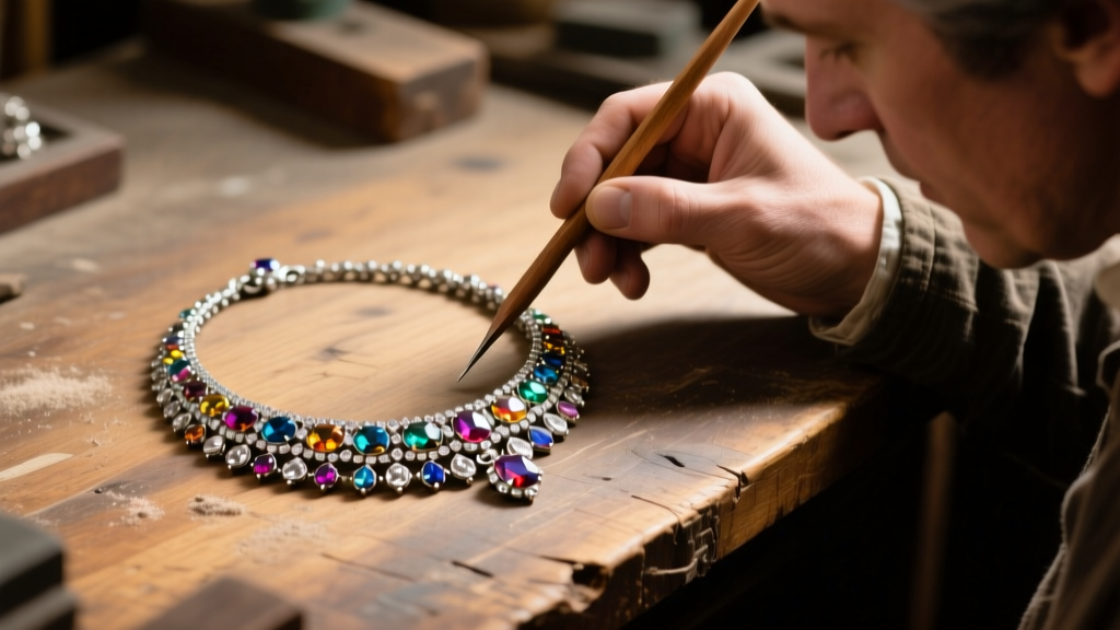 Jeweler inspecting silver prongs and foil backing of an 18th-century paste riviere necklace with a wooden pick on a dim workbench.