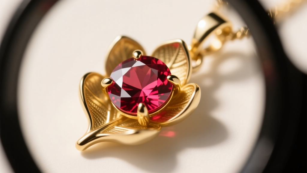 Loupe view of a 1mm lab-grown ruby set into a gold succulent leaf pendant, showing prong details and gem clarity under bright light