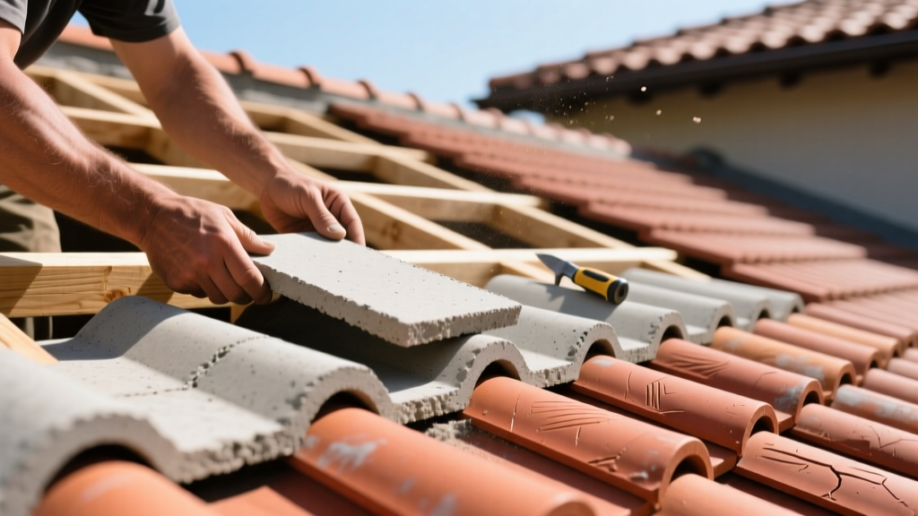 Roofer aligning interlocking concrete roof tiles next to terracotta clay tiles on a reinforced timber truss system in bright daylight