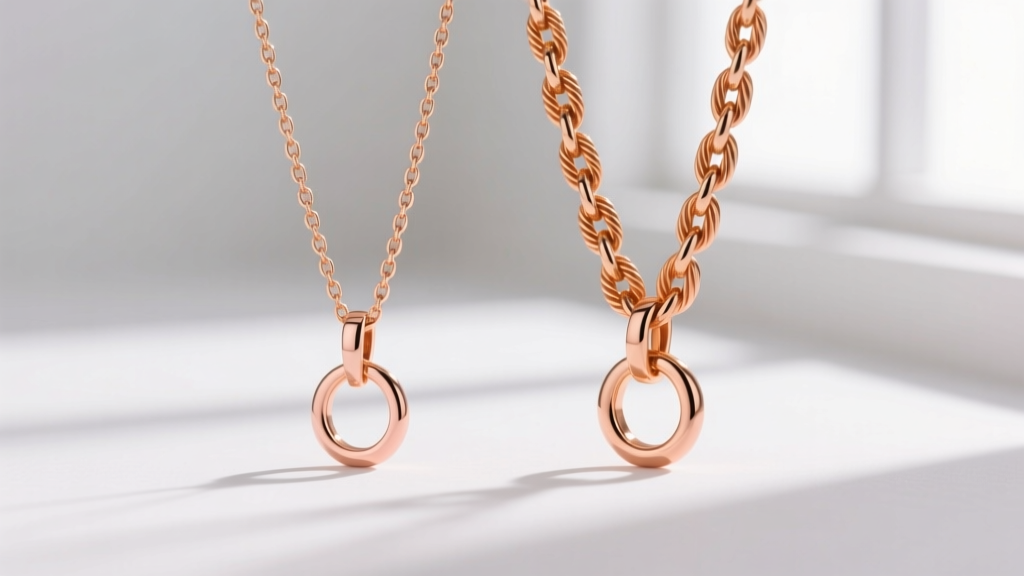 Close-up of 14k and 18k rose gold drop necklace chains showing color differences and cable link thickness in studio light.