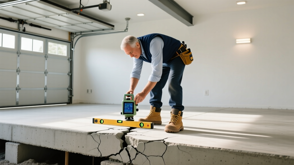 Structural engineer using a digital zip level to measure differential settlement cracks on a post-tensioned concrete slab foundation in a residential garage