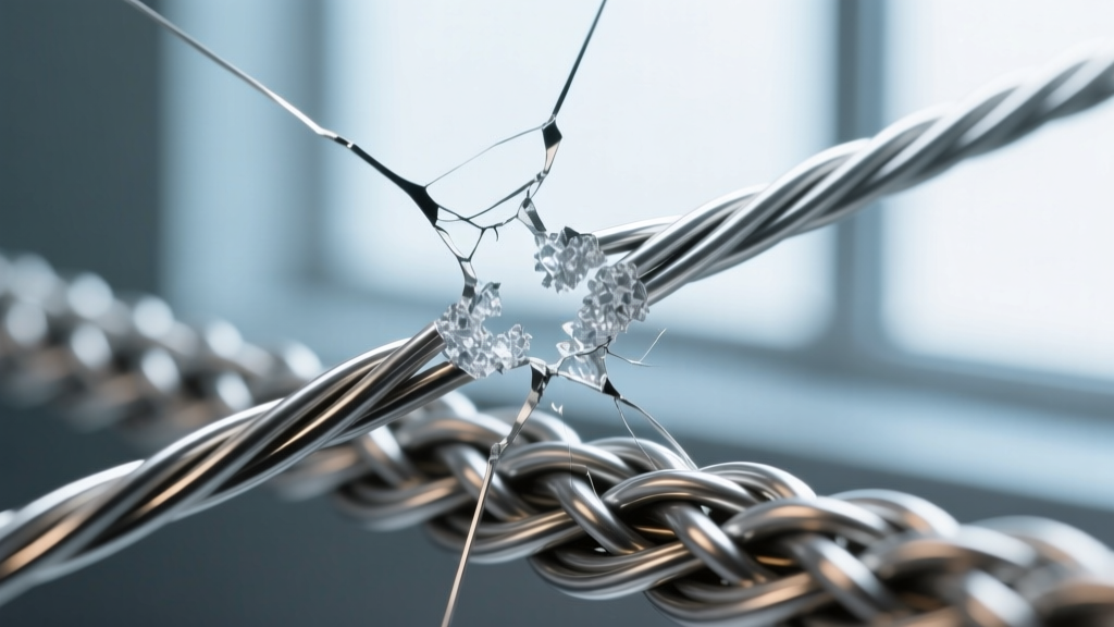 Broken 24-gauge sterling silver wire snapping during a tight weave, illustrating metal fatigue and over-work-hardening failure.