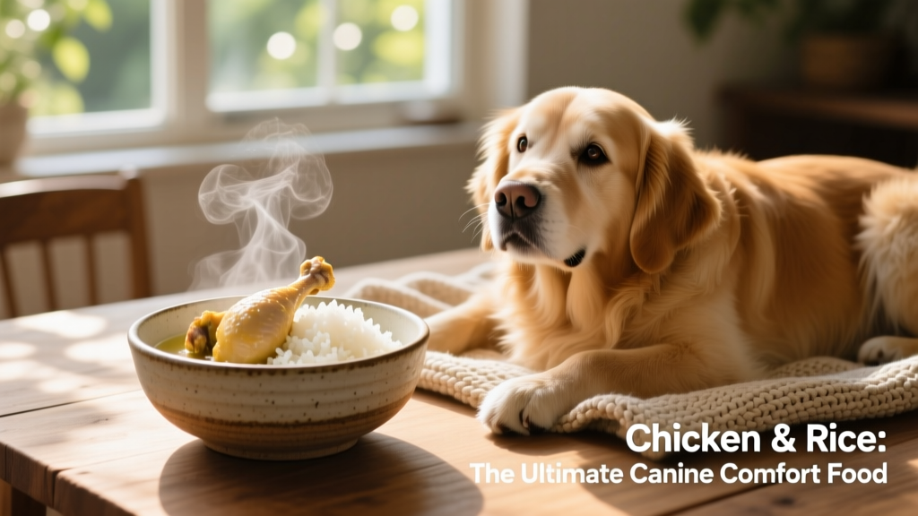 A steaming bowl of plain boiled chicken and white rice served in a ceramic dish beside a happy, relaxed dog