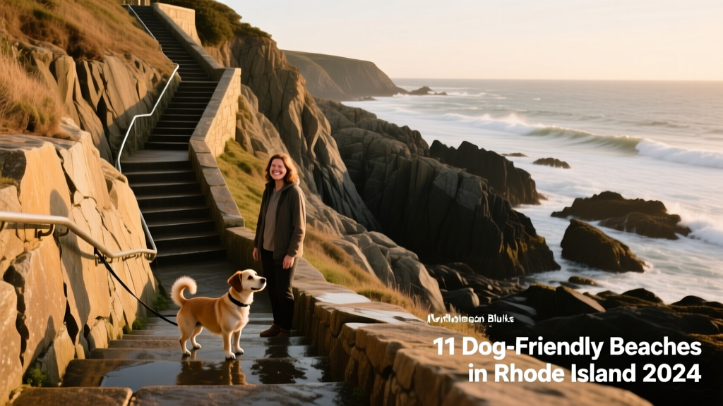 Wide shot of Mohegan Bluffs’ staircase descending from coastal bluffs to a rocky shoreline, with a small leashed dog and owner pausing mid-descent