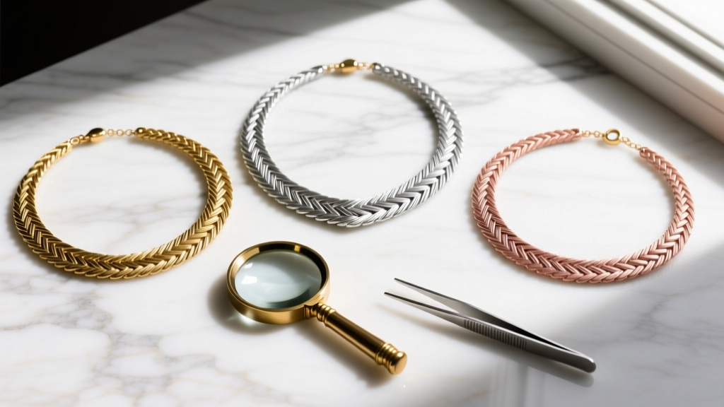 Overhead view of tri color herringbone necklaces in 3mm, 5mm, and 8mm widths on marble, beside a brass loupe and silver tweezers.