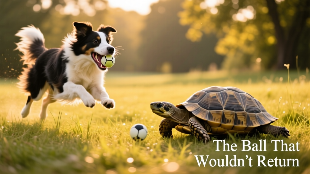 Side-by-side comparison: a Border Collie mid-chase with a ball and a tortoise slowly ambling across sunlit grass
