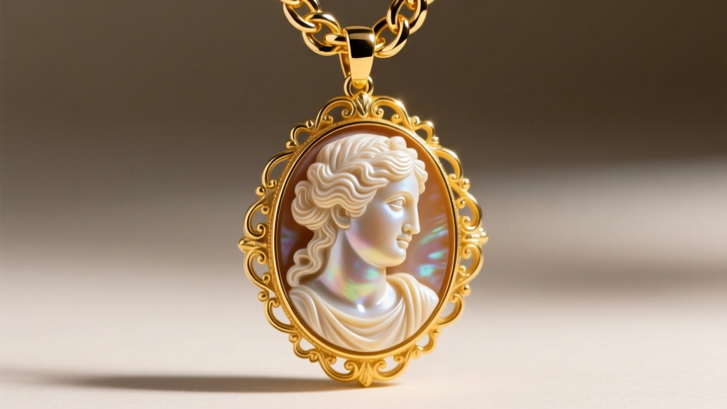 Close-up of an oversized, high-relief shell cameo pendant framed in 18k yellow gold and suspended on a thick 6mm Cuban link chain