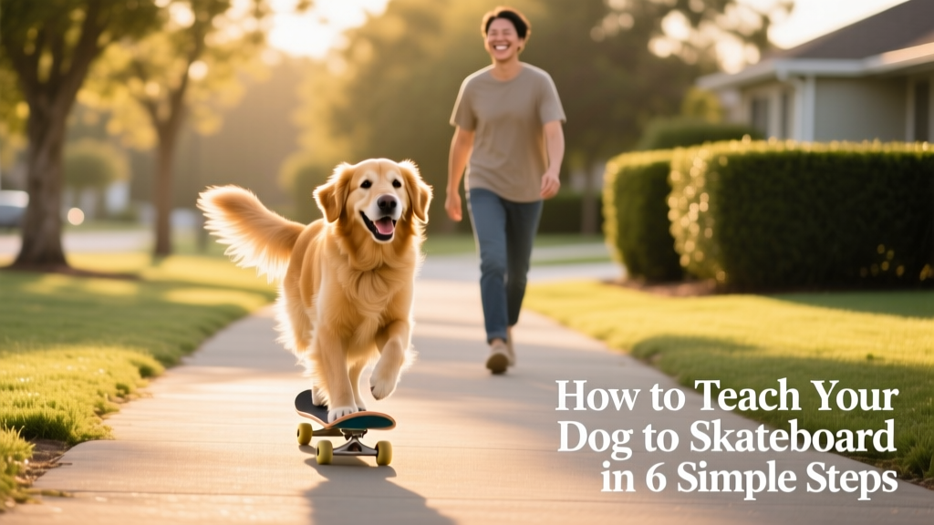 Happy dog gliding smoothly on a skateboard down a quiet paved path, owner walking beside with a smile