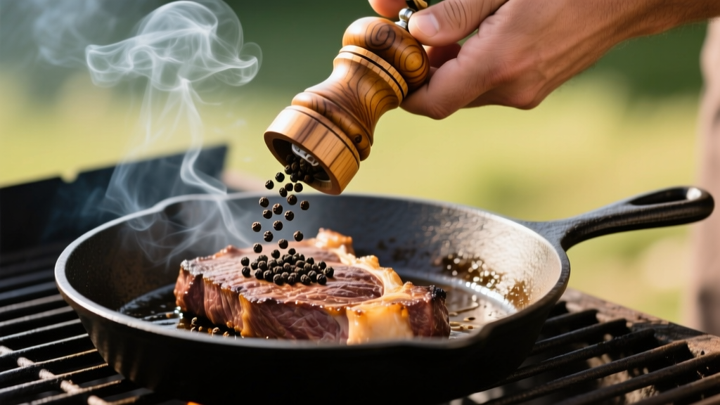 Hands twisting a traditional Sorrento olive wood pepper mill over a cast iron skillet on a grill, dropping coarse black pepper on a steak