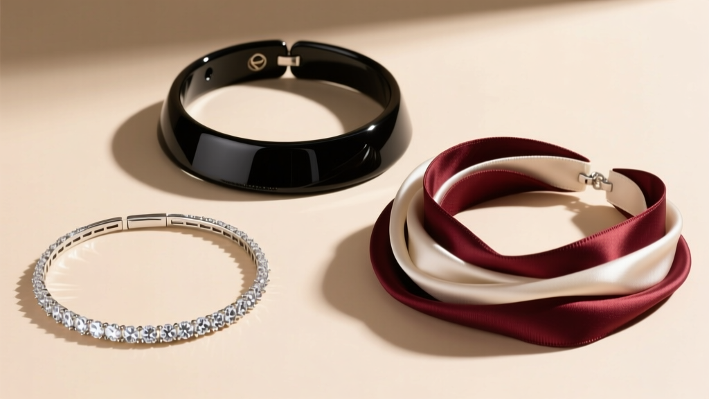 Flat lay of three chokers: a black plastic tattoo choker, a delicate diamond tennis choker, and a layered silk ribbon choker.