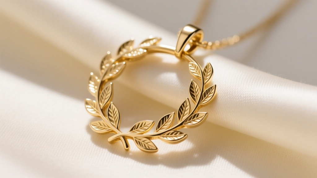 Close-up of a 14k gold laurel wreath pendant on cream silk, highlighting intricate leaf textures and a bright high-polish finish.