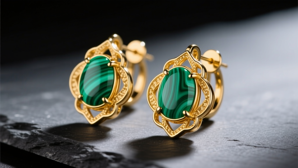 Close-up of 18k yellow gold VCA Alhambra earrings with vivid green malachite inlay on dark slate under warm studio lighting.