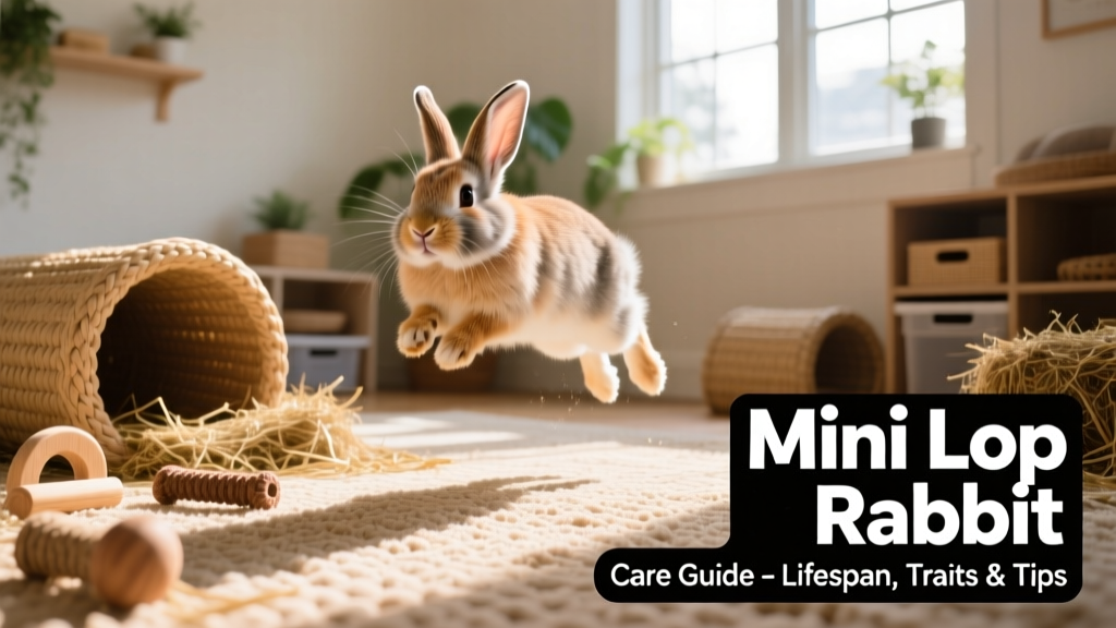 A healthy Mini Lop hopping playfully in a sunlit indoor play area with tunnels and chew toys