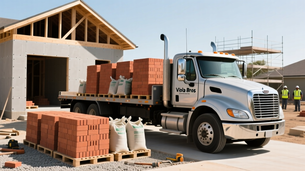 Flatbed delivering pallets of clay bricks and masonry cement from Viola Bros to a residential construction site