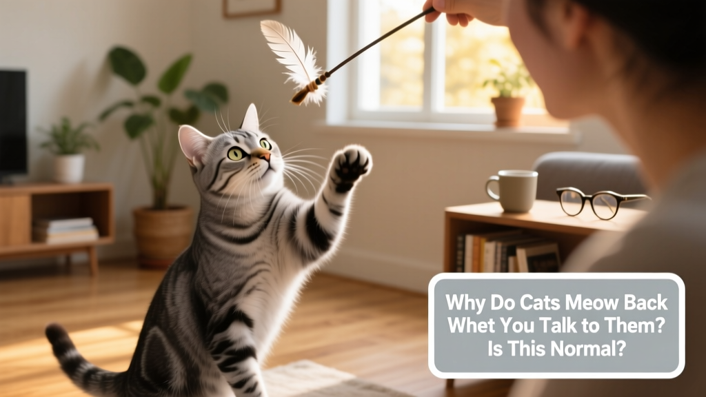 A cat batting gently at a feather wand toy while looking up expectantly at its human