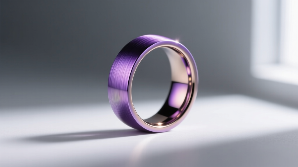 Macro shot of an anodized niobium segment ring showing vibrant purple hues, inspected under a bright LED jeweler loupe light.