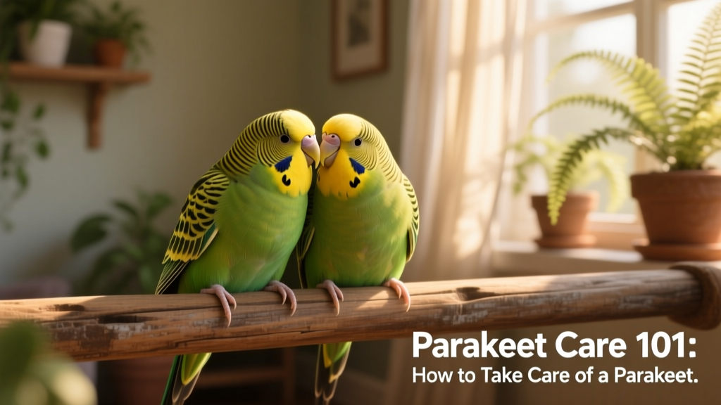 Two friendly budgies sitting side-by-side on a wide natural perch, gently preening each other's head feathers