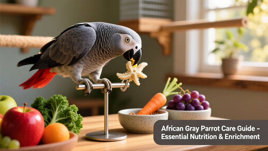 Close-up of an African Grey parrot actively chewing on a cuttlebone mounted in a sturdy holder, surrounded by colorful fresh fruits and vegetables in feeding bowls