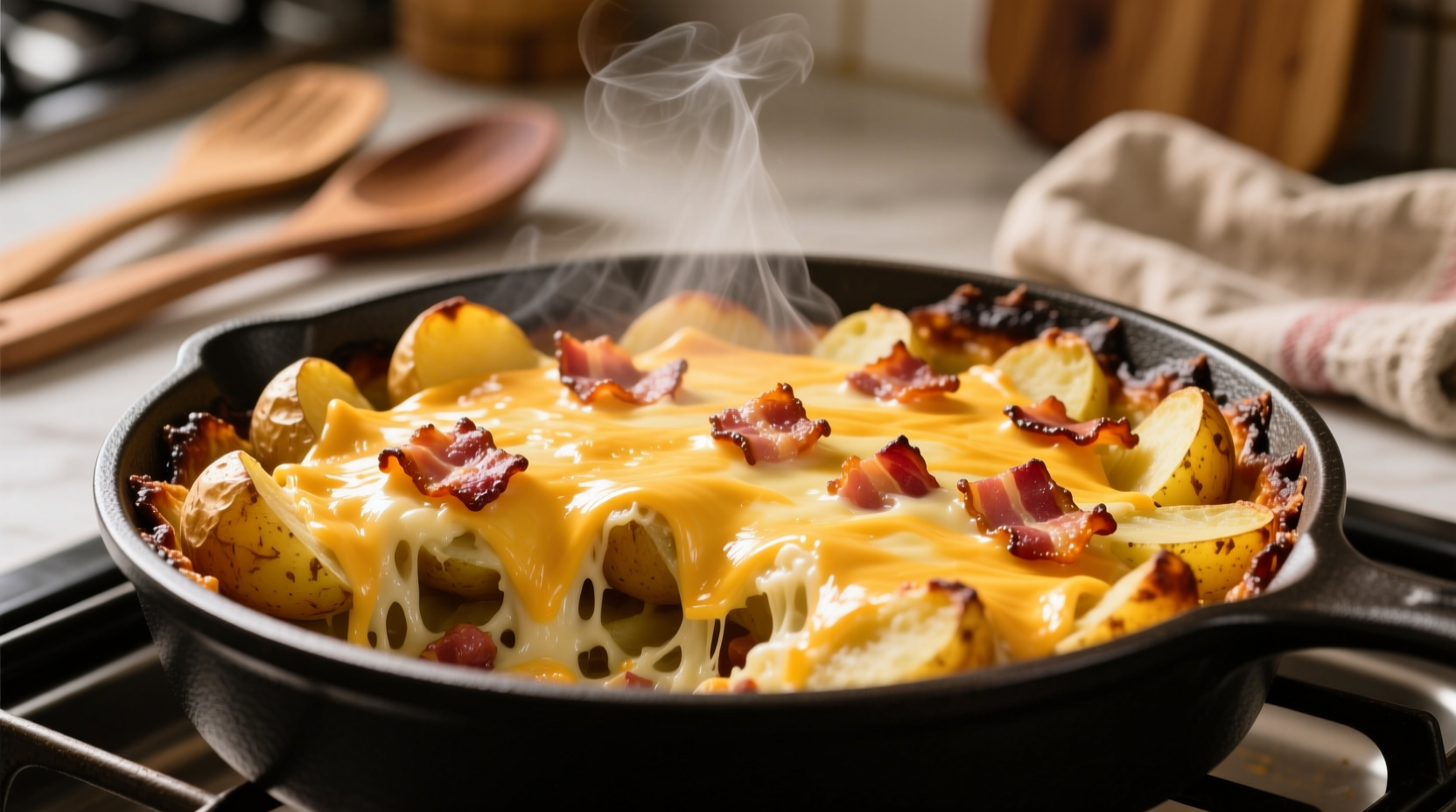 Golden cheese potato and bacon bake fresh from oven