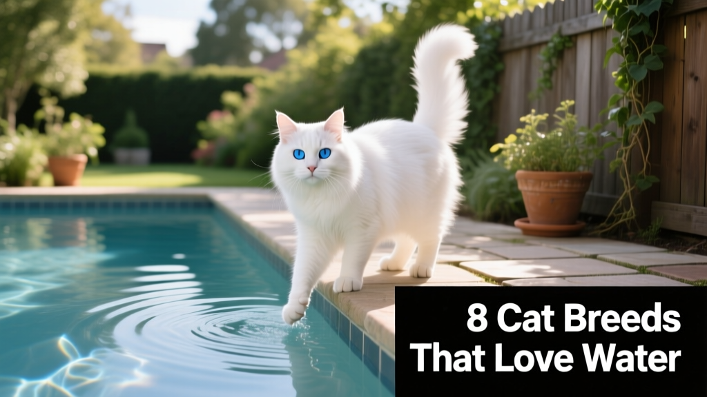 Turkish Van cat standing confidently at the edge of a shallow backyard pool, tail held high