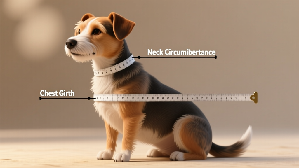 Illustrated diagram showing correct placement of tape measure for chest girth, length, and neck circumference on a sitting terrier mix