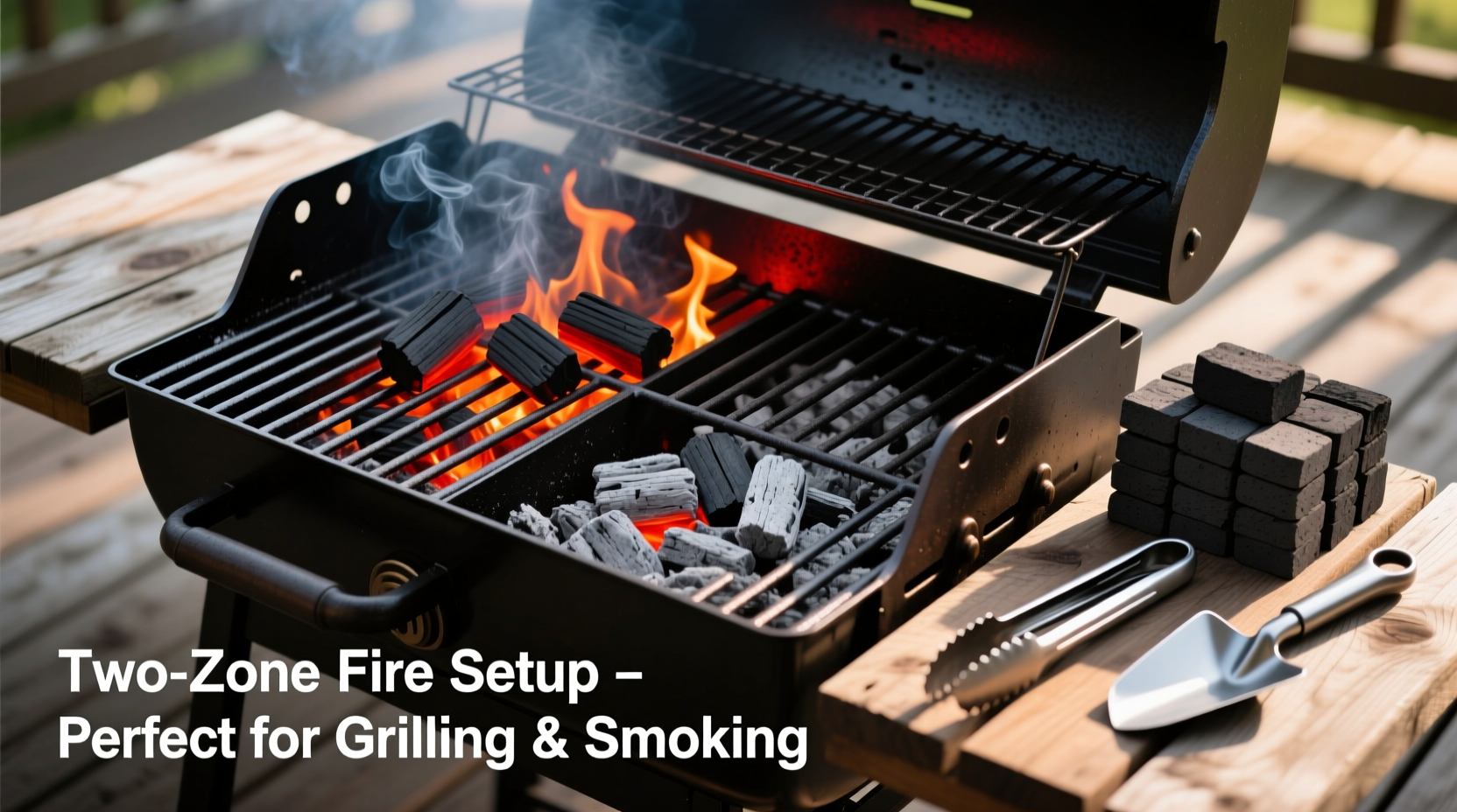 Charcoal grill setup with two-zone fire configuration