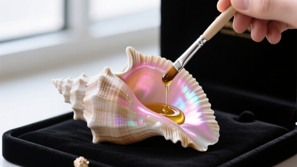 Mineral oil being applied to a dull chalky conch shell, restoring its natural iridescent pink luster on a dark velvet jewelry mat.