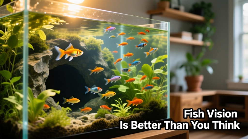 Well-planted, varied aquarium with hiding caves, floating plants, and active fish exploring different levels