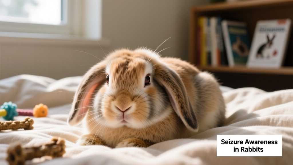 Close-up of a calm lop-eared rabbit resting peacefully on soft bedding