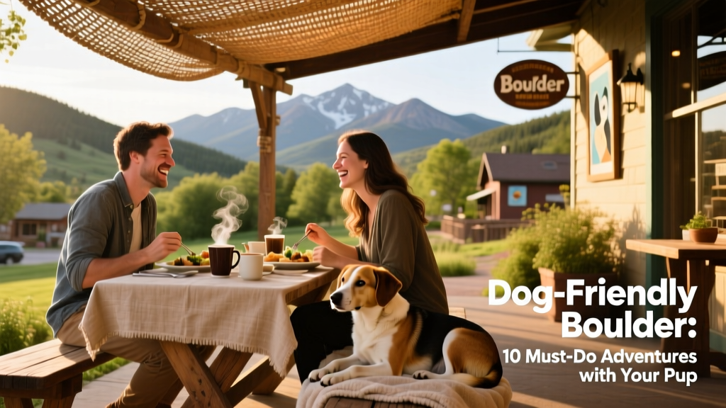 Two people dining outdoors at a Boulder restaurant with a calm dog resting beside their table