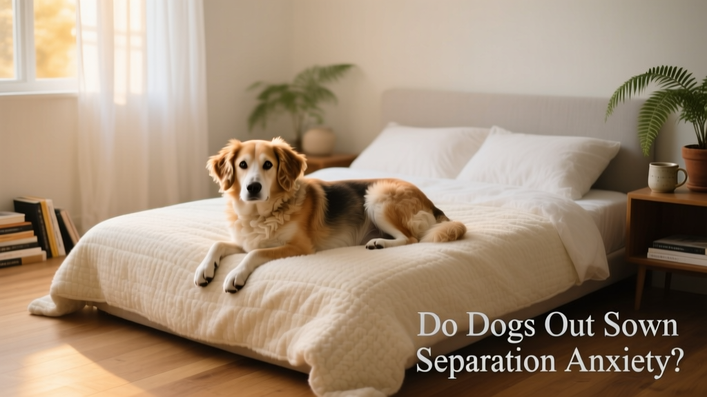 A calm, relaxed dog resting on a cozy bed in a quiet room with soft lighting