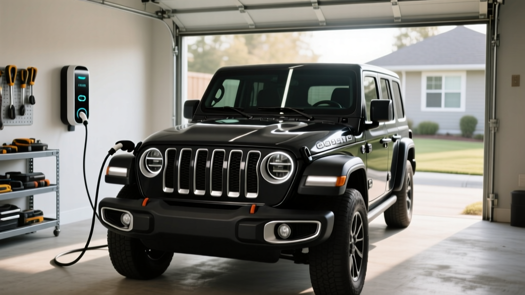 2026 Jeep Wrangler 4xe plugged into a Level 2 home charging station in a residential garage setting