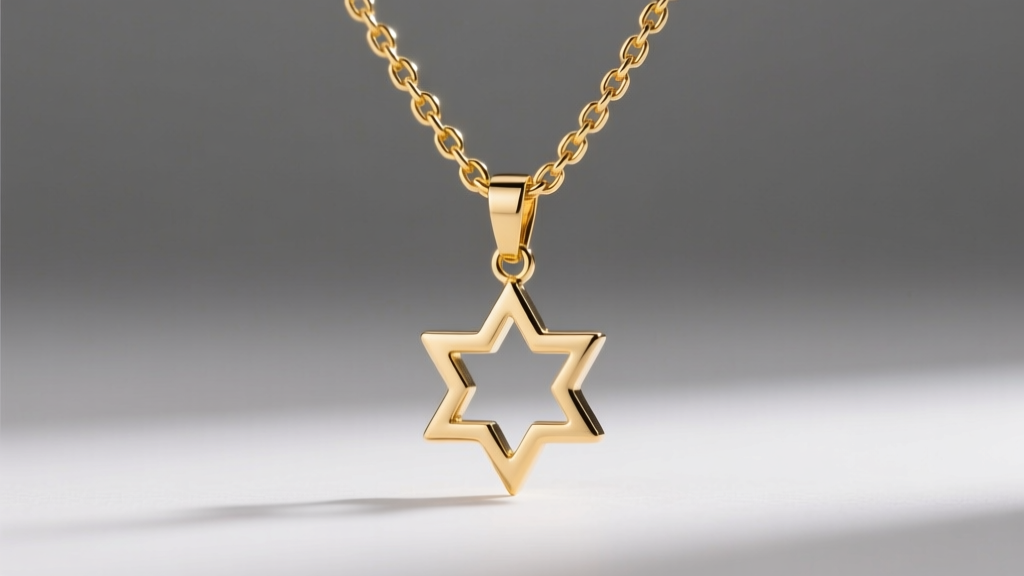 1.2mm 14k yellow gold box chain passing through the soldered bail of a Jewish star pendant, set against a soft grey studio backdrop.