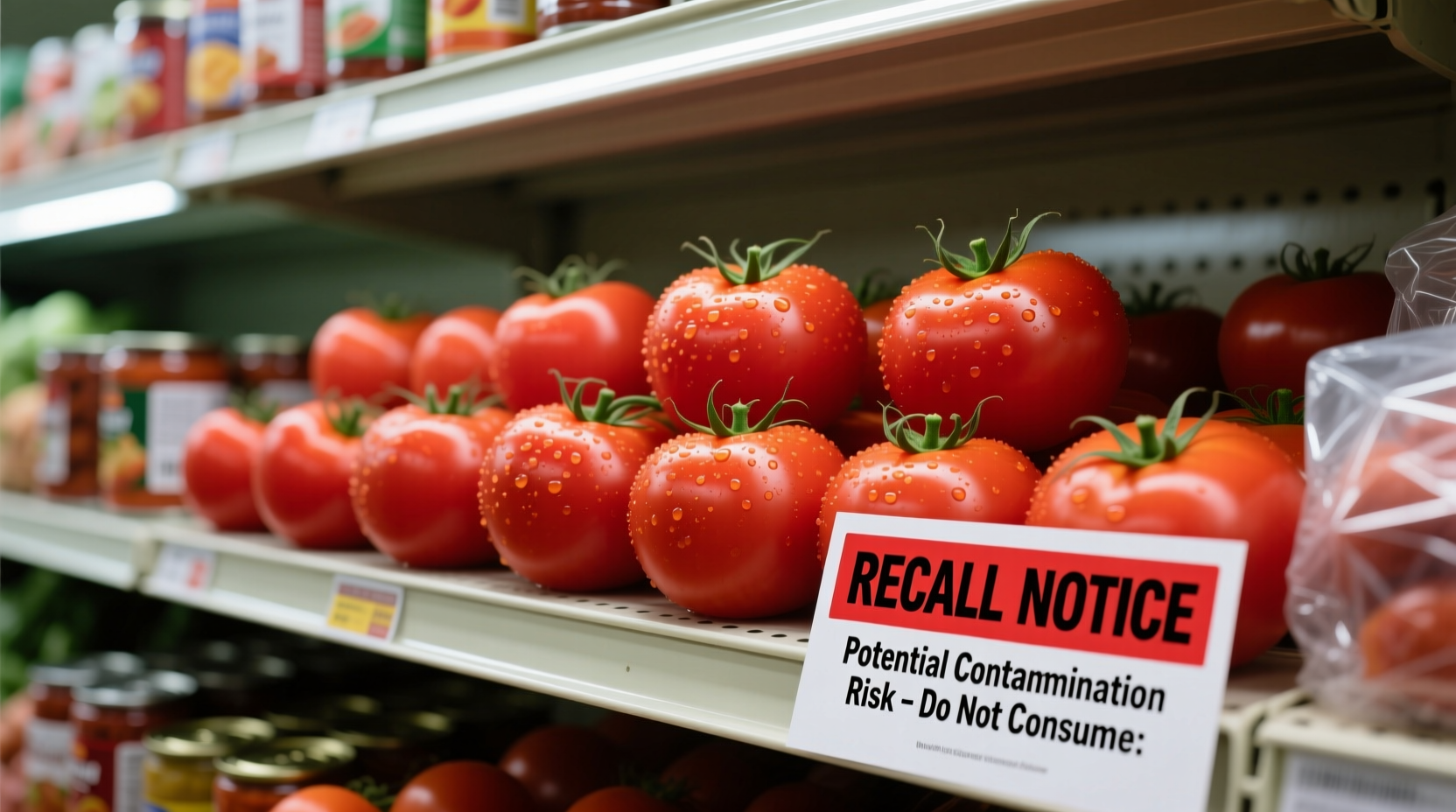 Fresh tomatoes on grocery store shelf with recall notice