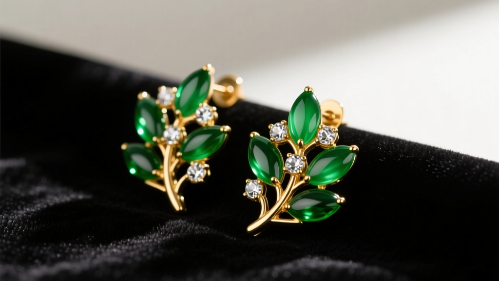 Vintage 1950s Lisner gold-tone clip-on earrings with molded green Lucite leaves and rhinestones on dark velvet fabric