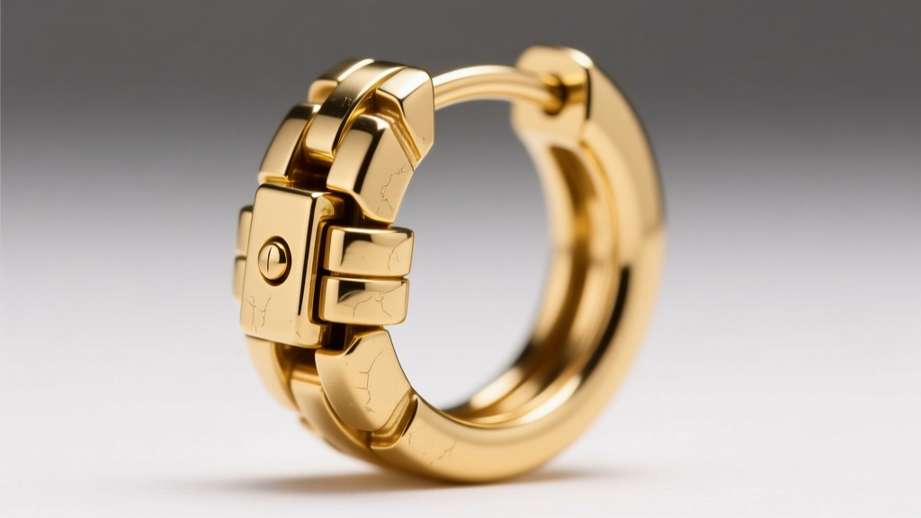 Macro shot of a secure latch-back clasp on a 50mm gold hoop earring, showing the interlocking metal groove and small hinge pin.